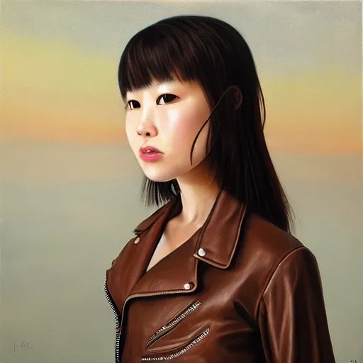 Image similar to perfect, realistic oil painting of close-up japanese young woman wearing leather jacket, in Fallout