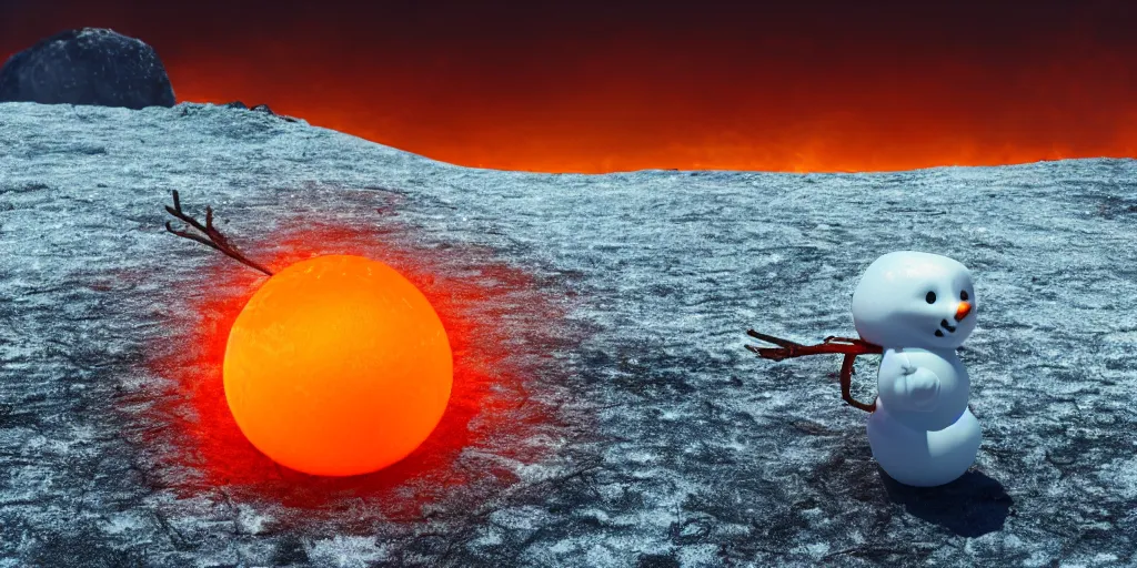 Image similar to a melted glowing snowman melting on top of the sun. the ground is made of fire and lava and is glowing orange. cinematic, dramatic, epic, volumetric lighting, atmospheric, red, orange extremely coherent, 8 k, space, warm, blade runner 2 0 4 9