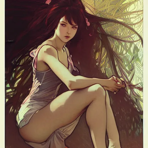 Image similar to digital concept art by artgerm and greg rutkowski and alphonse mucha. full body!! clear portrait of a squatting attractive japanese school girl