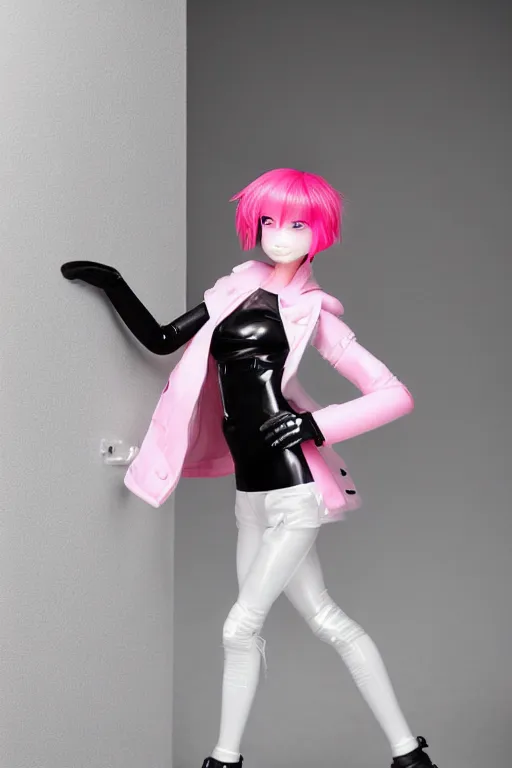 Prompt: cute girl with short pink hair, white plastic inflatable coat, mechanical arm, black tight pants ， by brian sum