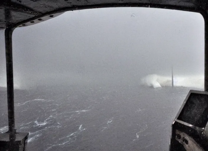 Image similar to Inside the bridge of a ship in a severe storm, emergency