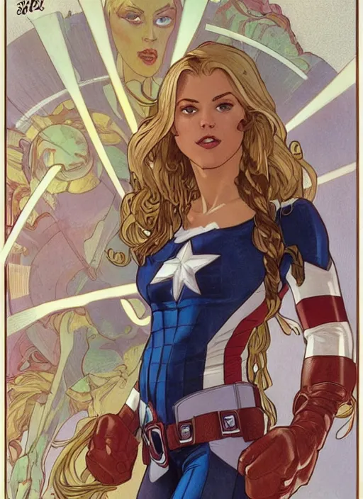 Prompt: toned young april with a mischievous face and extremely long blonde wavy hair dressed as superhero in her early twenties, posing with arms tucked behind back, captain america, tight fit, curvaceous, intricate detailed face, shiny, greg rutkowski, alphonse mucha