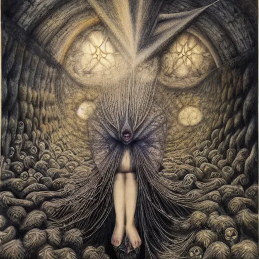 Prompt: descending into madness by itsuko azuma, kinuko y. craft, julie heffernan, remedios varo, graphite, dreamy, mysterious and illusory