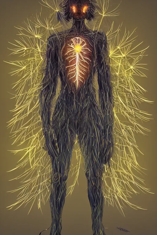 Prompt: glowing luminescent dandelion humanoid figure monster, symmetrical, highly detailed, digital art, sharp focus, trending on art station, amber eyes, autumnal colours