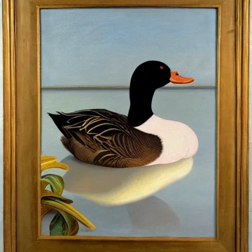 Prompt: a duck on the prowl oil painting john currin