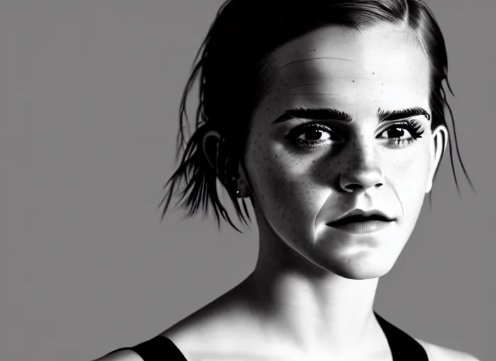 Prompt: mid shot portrait of emma watson in factory, in the style of david bailey, high fashion, id magazine, vogue magazine, surprising, freak show, realistic, sharp focus, 8 k high definition, film photography, photo realistic, insanely detailed, intricate, by david kostic and stanley lau and artgerm