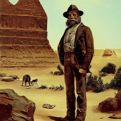 Prompt: 19th century scruffy american trapper, standing next to desert oasis, sphinx in distance, pulp science fiction illustration