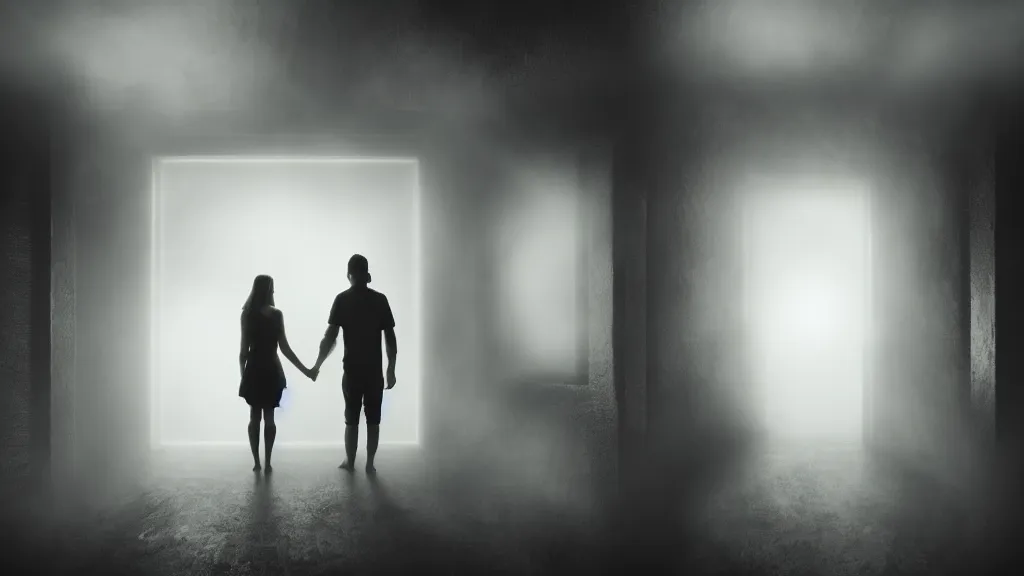 Image similar to portrait of a woman and a man holding hands on the threshold of a wooden house, fog, volumetric lighting, mystique, atmospheric, sharp focus, ultra detailed, ross tran, thierry doizon, kai carpenter, ignacio fernandez rios, noir art house, 4 k, 3 5 mm