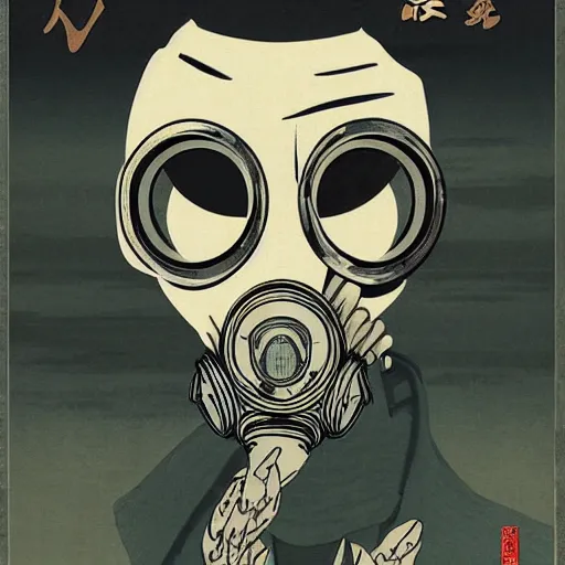 Prompt: Gas mask in Ukiyo-e style, haunting + insanely detailed and intricate, movie poster style