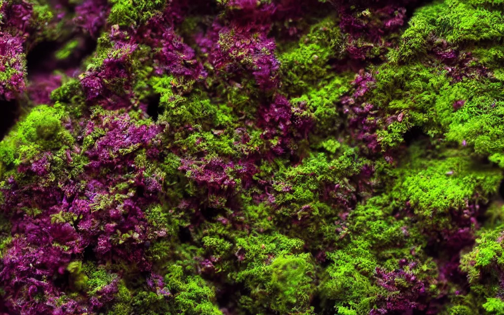 Prompt: a beautiful macro photography of green moss lichens floral with alien fungus, hyper detailed, Zoom extreme close up ,warm volumetric lights , made by Gerald Brom and Mike Winkelmann, trending on art station