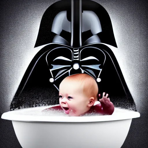 Image similar to Darth Vader shoving a baby into a toilet, scary digital painting, 4k wallpaper, trending on artstation, water splashing out of toilet, baby screaming, Darth Vader laughing