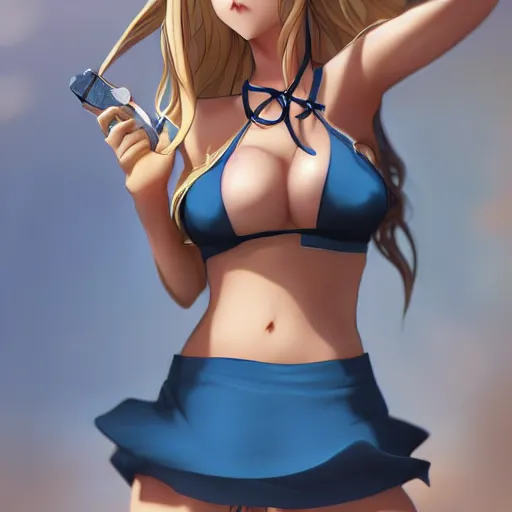 Image similar to a very beautiful young anime bar girl, full body, long wavy blond hair, sky blue eyes, full round face,, bikini, miniskirt, front view, mid - shot, highly detailed, cinematic wallpaper by stanley artgerm lau
