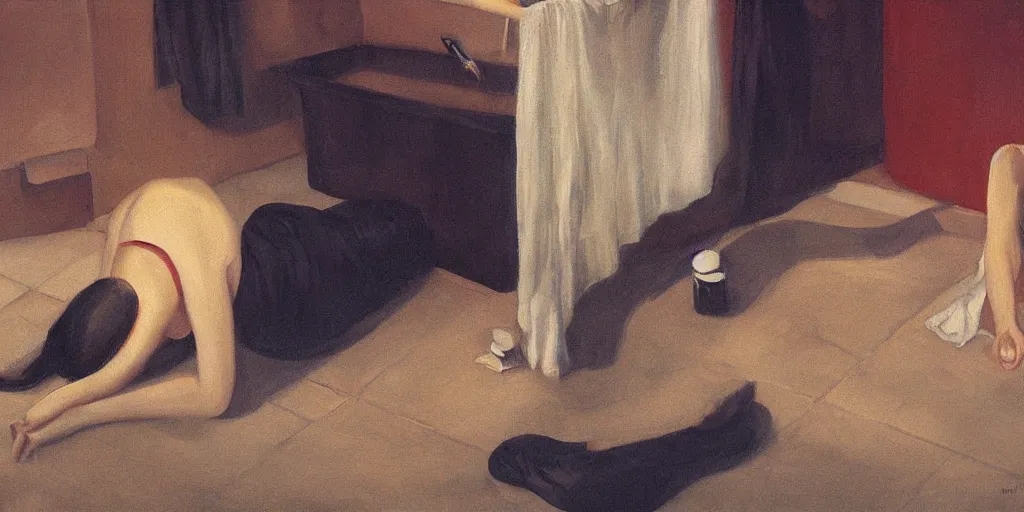 Prompt: surreal painting of a sad woman, alone, lying on the floor of a bathroom