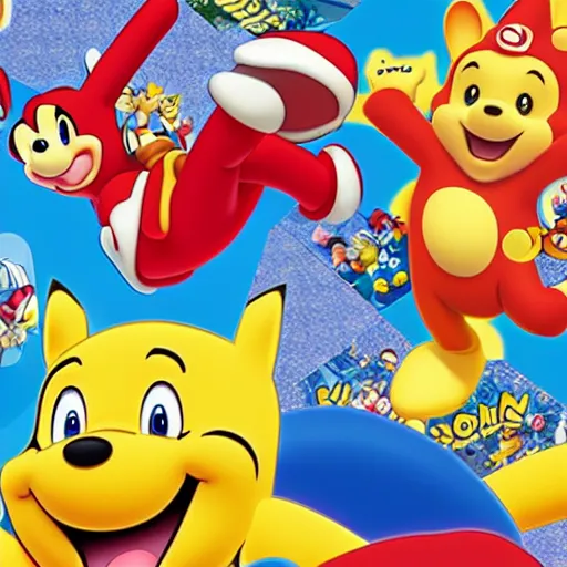 Image similar to photograph of winnie the pooh and super mario and sonic the hedgehog anime style, on pokemon card packs at target