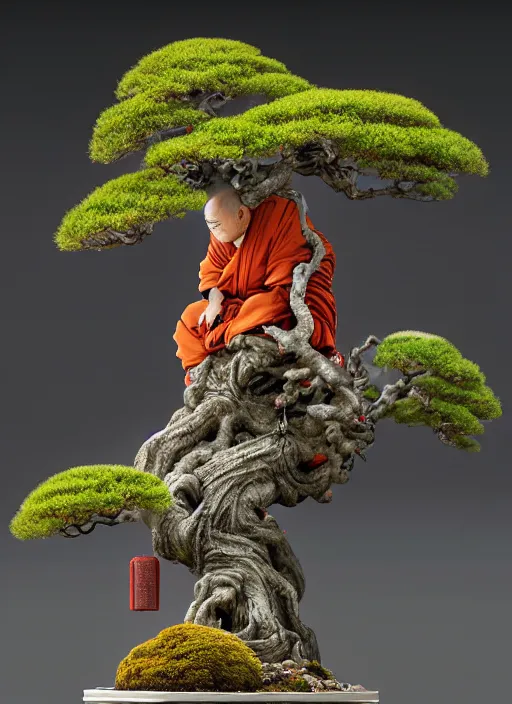 Image similar to shinto monk with a bonsai growing out of his head, intricate, rim light, octane render, by jesper ejsing, james jean, justin gerard, tomasz alen kopera, cgsociety and fenghua zhong, highly detailed, art, cinematic lighting, very coherent, hyper realism, high detail, 8 k