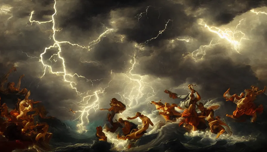 Image similar to baroque painting of zeus throwing lightning bolts on poseidon, hyperdetailed, artstation, cgsociety, 8 k