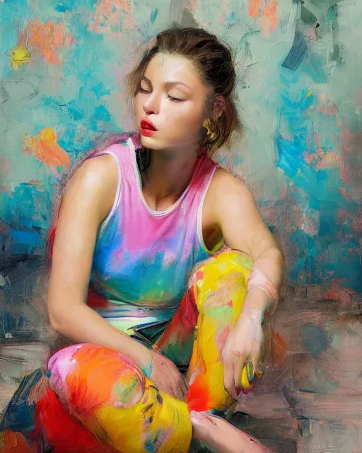 Prompt: a ultradetailed beautiful panting of a stylish woman sitting on the floor in a tiled room, she is wearing streetwear, bright colors, highly detailed face, oil painting, by ruan jia