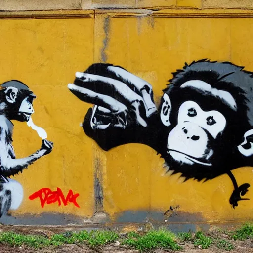 Image similar to monkey eats a banana, graffiti, photograph, made by banksy, yellow and brown colors, spray brush, midday, sunny, professional