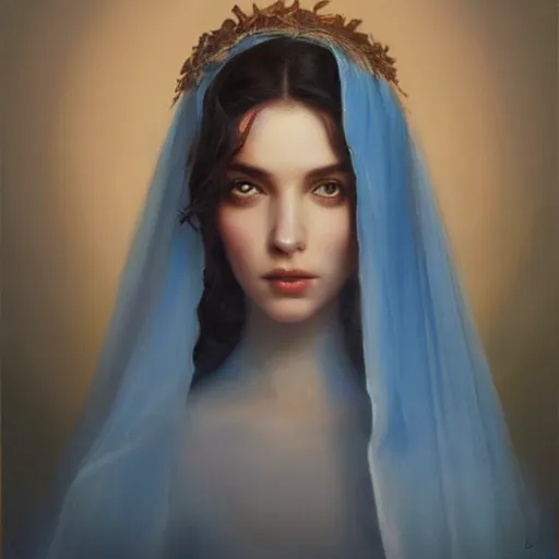 Image similar to ameera al taweel, bright blue eyes, long wavy black hair, white veil, front closeup, cinnamon #b57e59 skin color, highly detailed, centered, oil painting, artstation, concept art by tom bagshaw