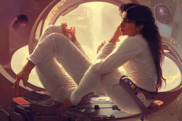 Image similar to Sensual good looking pale young Indian doctors wearing jeans in a space station above Earth, portrait, elegant, intricate, digital painting, artstation, concept art, smooth, sharp focus, illustration, art by artgerm and greg rutkowski and alphonse mucha