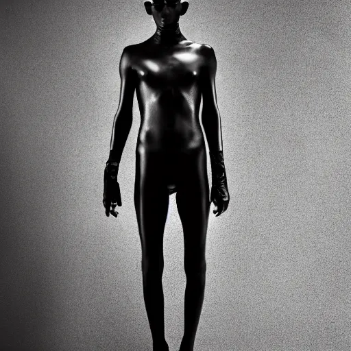 Prompt: fashion photography of a genderless alien model, full body, futuristic dark fashion, photo 3 5 mm leica, hyperdetail, berghain, 8 k, very detailed, black and white