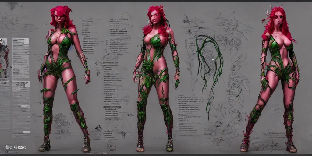 Image similar to cyberpunk poison ivy, character sheet, concept design, contrast, hot toys, kim jung gi, greg rutkowski, zabrocki, karlkka, jayison devadas, trending on artstation, 8 k, ultra wide angle, pincushion lens effect