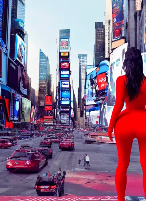 Image similar to kim kardashian, centered full body rear-shot, pov from rear, in red sportswear, real photo, photoshooting, studio light, nyc times square background, intricate, epic lighting, cinematic composition, hyper realistic, 8k resolution, unreal engine 5