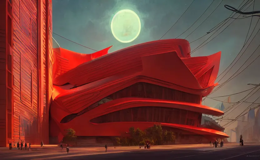 Image similar to exterior shot of utopian architecture red building with cinematic lighting by zaha hadid and renzo piano, darek zabrocki and greg ruthkowski, alphonse mucha, simon stalenhag, cinematic, stars, beautiful, holy place, paradise, scifi, futurism, atmospheric, concept art, artstation, trending on artstation