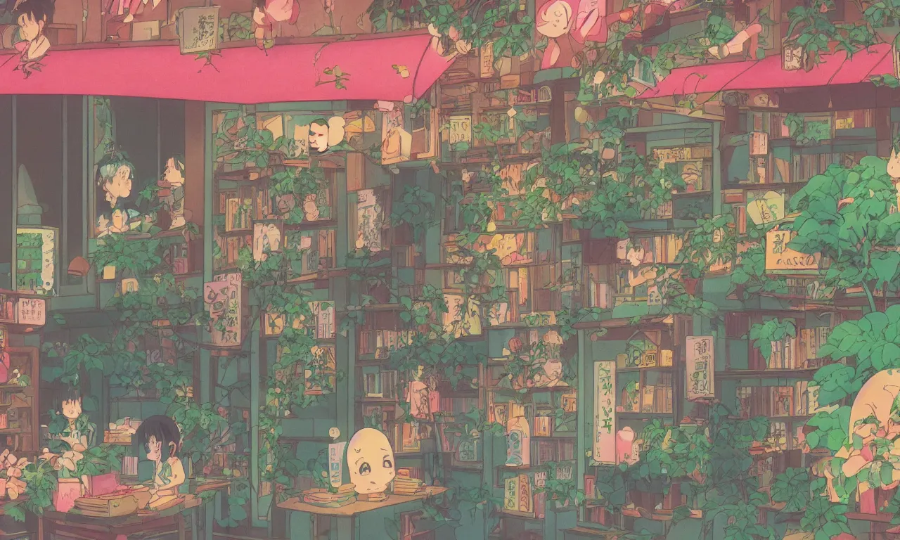 Image similar to A cute aesthetic still frame from an 80's anime, magic bookshop with lush plants, magic details, waterfall, lanterns