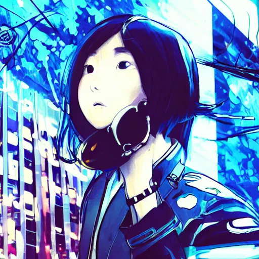 Image similar to Frequency indie album cover, luxury advertisement, blue filter, blue and black colors. Clean and detailed post-cyberpunk sci-fi close-up schoolgirl in asian city in style of cytus and deemo, blue flame, relaxing, calm and mysterious vibes, by Tsutomu Nihei, by Yoshitoshi ABe, by Ilya Kuvshinov, by Greg Tocchini, nier:automata, set in half-life 2, GITS, Blade Runner, Neotokyo Source, Syndicate(2012), dynamic composition, beautiful with eerie vibes, very inspirational, very stylish, with gradients, surrealistic, dystopia, postapocalyptic vibes, depth of field, mist, rich cinematic atmosphere, perfect digital art, mystical journey in strange world, beautiful dramatic dark moody tones and studio lighting, shadows, bastion game, arthouse