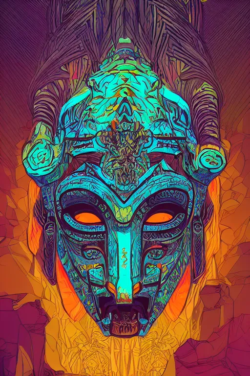 Image similar to totem animal tribal chaman vodoo mask feather gemstone plant video game illustration vivid color borderlands and by feng zhu and laurie greasley, victo ngai, andreas rocha, john harris radiating a glowing aura