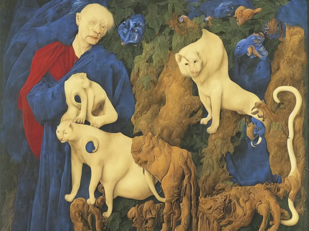 Image similar to Portrait of albino mystic with blue eyes, with panther. Painting by Jan van Eyck, Audubon, Rene Magritte, Agnes Pelton, Max Ernst, Walton Ford