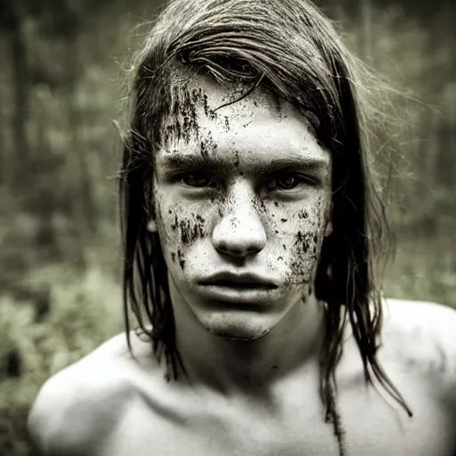 Prompt: detailed portrait of a teenage boy, around 1 9 yo. looking sad. shirtless, tattoo. muddy face. ominous and eerie looking forest i'm background.