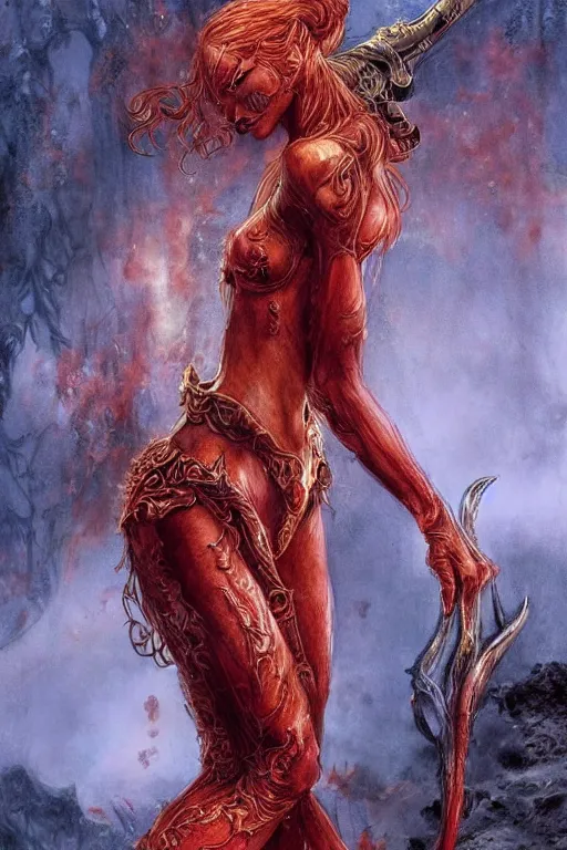 Image similar to portrait of a lithe stunningly beautiful red headed ifrit genie - kin paladin, female, upper body, fantasy, intricate, elegant, highly detailed, digital painting, artstation, concept art, sharp focus, illustration, art by luis royo, wayne barlowe, kirsi salonen, asya yoranova and alan lee