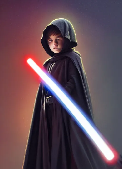 Image similar to perfectly - centered - portrait of a kid wearing black cloak holding light saber, intricate, highly detailed, digital painting, artstation, concept art, smooth, sharp focus, illustration, unreal engine 5, 8 k, art by artgerm and greg rutkowski and alphonse mucha and sam spratt