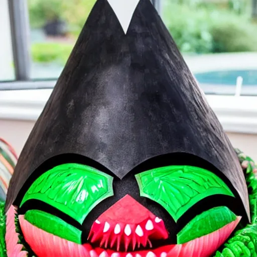 Image similar to an elaborate watermelon carving that looks like a batmobile made out of specially carved watermelon parts, spread out on a party platter ready for guests, photography, food and garden magazine,