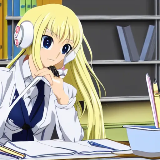 Image similar to sena kashiwazaki anime, pouting at school desk, illustrated by fairy tail