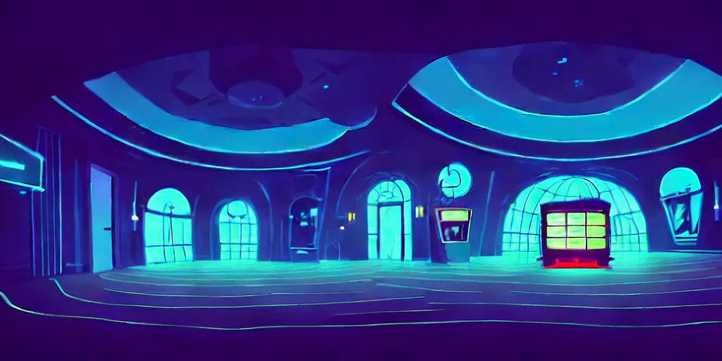 Image similar to minimalistic extreme wide angle curved perspective digital art of dark indoor casino with a stage pale colors by anton fadeev from nightmare before christmas