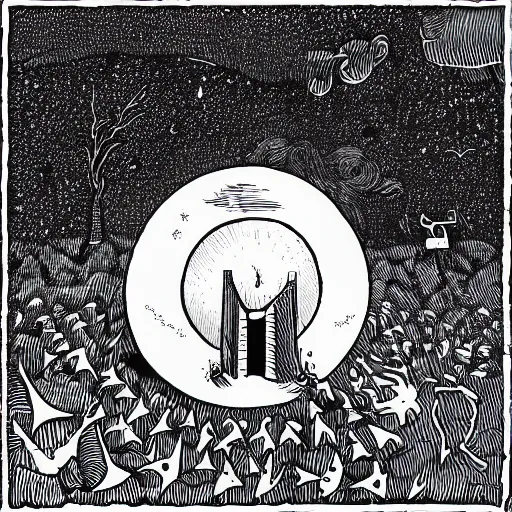 Image similar to a portal to another world, opened in the middle of the field mcbess style, color,