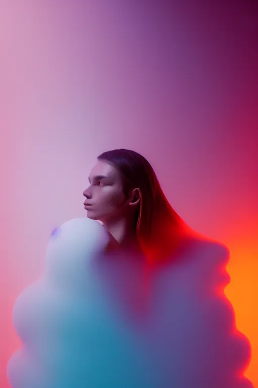 Prompt: soft light, surrealism, a model wearing acne outfit, octane render, caustic, cozy, cyan and orange, cinematic, anamorphic bokeh, long exposure photograph, luxury materials, atmospheric fog, macro photography