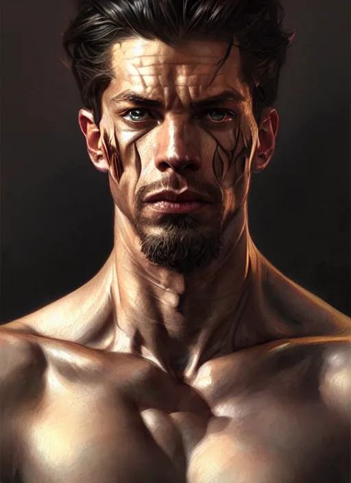 Image similar to Portrait of a man, scarred! D&D, muscular, fantasy, intricate, elegant, highly detailed, digital painting, artstation, concept art, smooth, sharp focus, illustration, art by artgerm and greg rutkowski and alphonse mucha