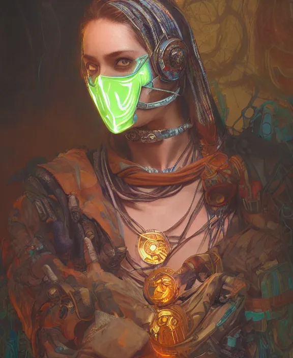 Image similar to portrait of a cyberpunk masked nomad, half body, glowin eyes, d & d, fantasy, intricate, elegant, highly detailed, colorful, vivid color, digital painting, artstation, concept art, art by artgerm and greg rutkowski and alphonse mucha and ruan jia