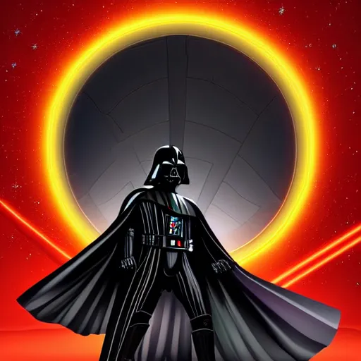 Prompt: darth vader in a star ship with a large viewing widow showing space, stylised, digital art