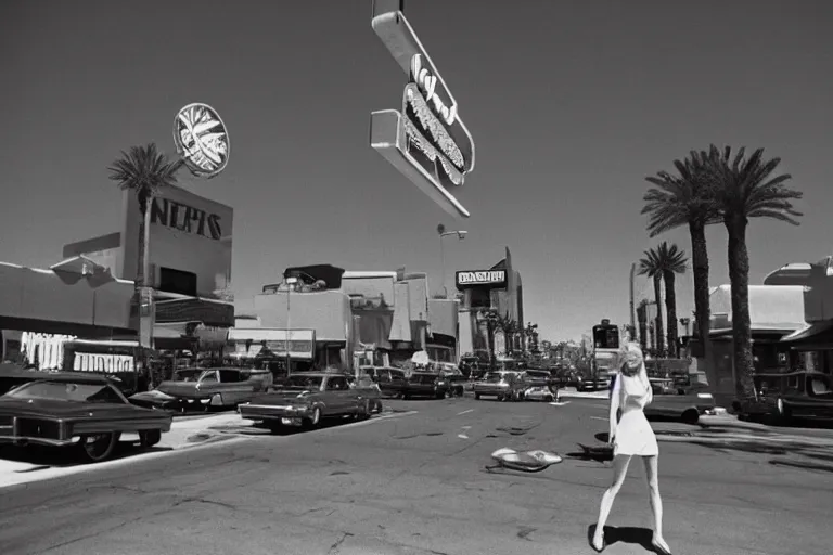 Image similar to 1 9 7 6 vegas street scene with a woman floating in the sky in the foreground, deep focus, intricate, elegant, highly detailed, matte, sharp focus, photography of gregory crewdson