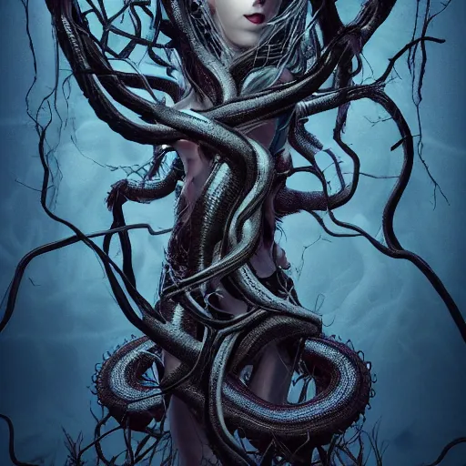 Prompt: dark queen of snakes, crown of snakes, blue skin, realism, dark fantasy, surrounded by thorned vines, octane render, artstation