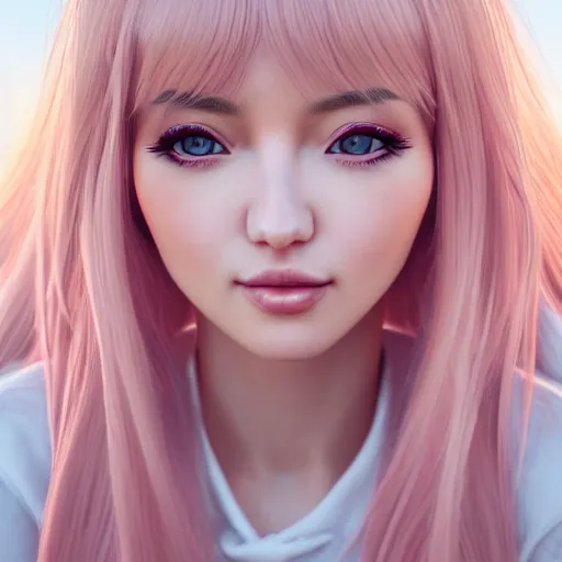 Prompt: beautiful hyperrealism hyperdetailed portrait of nikki from shining nikki dress - up game, a cute young woman, light pink hair, long hair with full bangs, full heart - shaped face, hazel amber eye color, pale skin, light blush, chinese heritage,, smiling softly, golden hour, soft focus, 8 k,