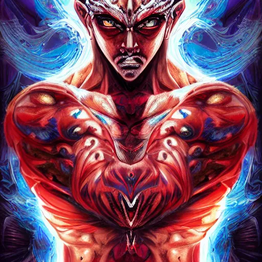 Image similar to 4K headshot portrait of godlike Ninja with defined arms and open hands and bloody clothes with giant mandala wings , intricate face , flawless anime cel animation by Kentaro Miura, psychedelic , highly detailed upper body , professionally post-processed , beautiful, scary, symmetry accurate features, epic, octane rendered, anime masterpiece, accurate by Craig Mullins, ilya kuvshinov, krenz cushart, epic , artgerm trending on artstation by Edward Hopper and Dan Mumford and WLOP and Rutkovsky, beksinski carl spitzweg moebius and tuomas kocar, intricate artwork by caravaggio, Unreal Engine 5, Lumen, Nanite