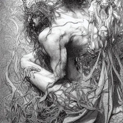 Image similar to gustave dore james gurney artstation hyperrealism photo - realistic demon hyperdetailed intricate beautiful interwoven fibers of death and solace solitude alphonse mucha yoji shinkawa apophasis shintaro kago junji ito esoteric hypnogogic ethereal ethereality dreamscape