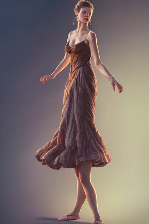 Image similar to full body photo of a gorgeous young woman wearing a dress in the style of stefan kostic, realistic, sharp focus, 8k high definition, insanely detailed, cinematic lighting, concept art intricate, elegant, art by stanley lau and artgerm