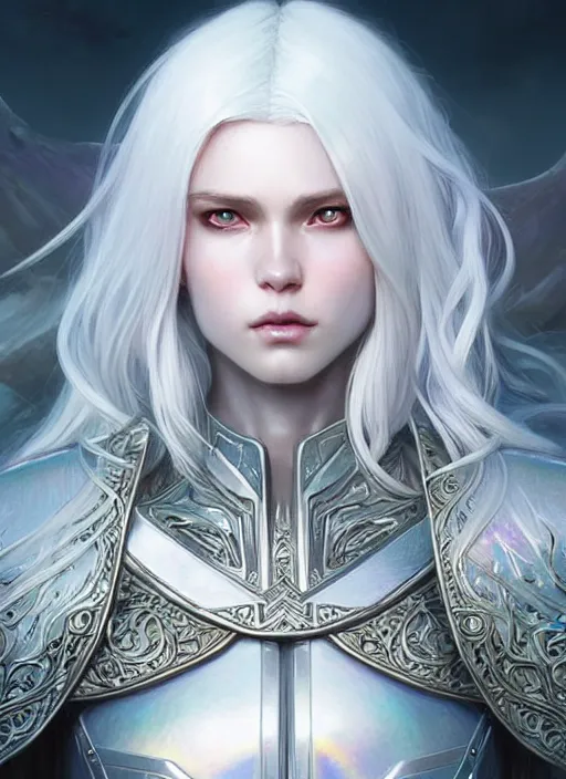 Image similar to light iridescent armor!!! long wild white hair!! covered chest!!! fantasy, d & d, intricate ornate details, digital painting, pretty face!!, symmetry, concept art, sharp focus, illustration, art by artgerm! greg rutkowski magali villeneuve wlop! ilya kuvshinov!!, octane render